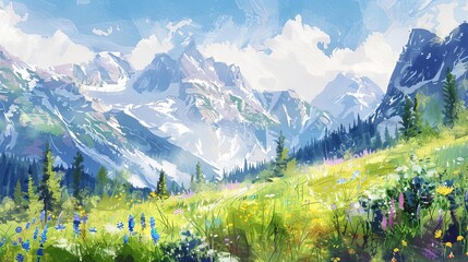 alpine meadow with flowers in the foreground and mountains in the background - obrazy, fototapety, plakaty