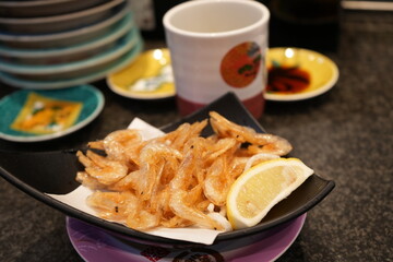 Fried Shiroebi (White Shrimp) Tempura with Lemon in Kanazawa, Japan - 日本料理 金沢 白エビのから揚げ 天ぷら 
