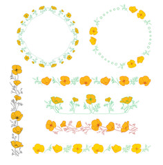 design elements with orange Eschscholzia flowers. California poppy - vector frames and borders