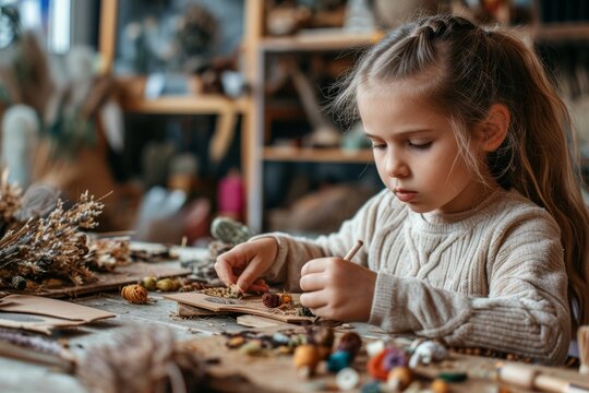 Close up portrait of a girl making crafts in a workshop, concept of children's leisure and hobby