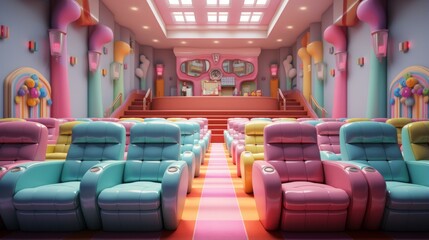 Candy-colored retro cinema auditorium