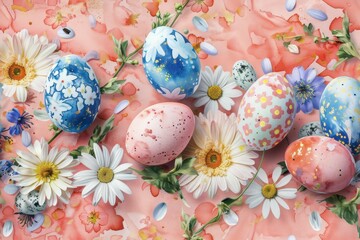 Fototapeta premium Colorful Easter Eggs on Pink Background with Daisies and Spring Flowers, Holiday Celebration Concept