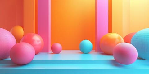 Colorful 3D spheres on a blue platform against a gradient background