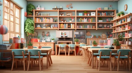 A classroom with a lot of bookshelves and chairs