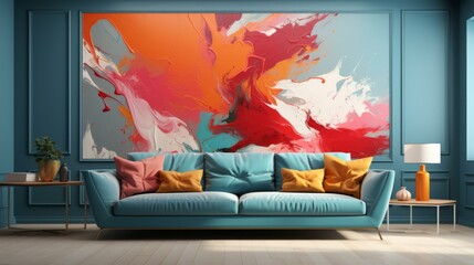 Blue living room interior with abstract painting on the wall