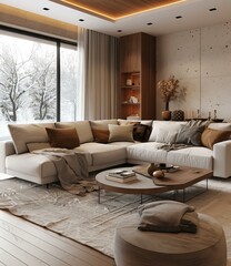 Modern minimalist living room interior design with large windows and comfortable sofa