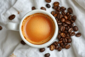 White ceramic cup full of coffee with scattered coffee beans on white fabric