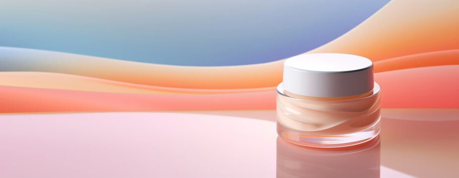 White face and body cream in a glass jar stands on a colorful bright background. Concept of skincare cosmetics for face and body, self-care, banner with copyspace