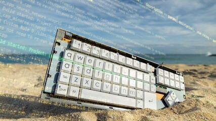 computer keyboard on a beach - 801278419