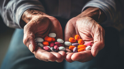 Pills in the hands of an elderly man.