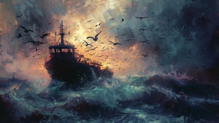 Fishing boat in stormy sea with dark clouds and seagulls flying around