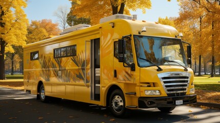 Obraz premium Yellow bus with autumn trees in the background