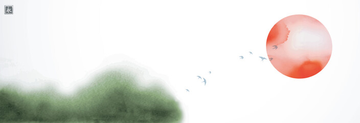 Minimalist landscape with big red sun and birds flying over the green misty forest. Traditional oriental ink painting sumi-e, u-sin, go-hua. Translation of hieroglyph - eternity