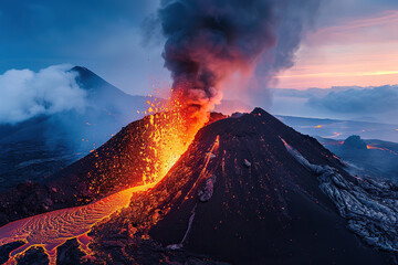 Generative ai on theme of erupting volcano with cascading hot lava surrounded thick white smoke