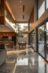 Modern house interior with open floor plan and large windows