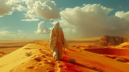 Man in white robe walking through desert