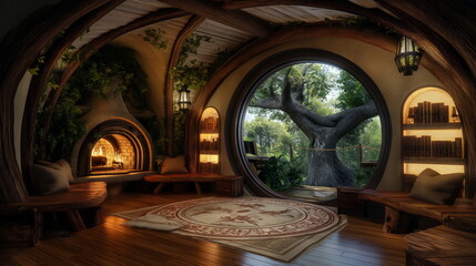 Hobbit house with classic wood interior with fireplace indoor look outside © Mars0hod