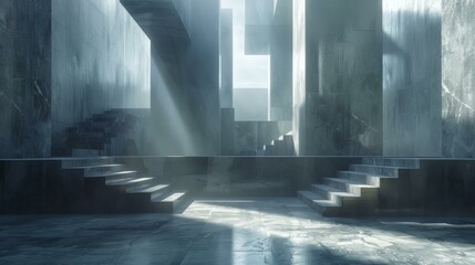 Marble stone podium with stairs and light rays 3D rendering