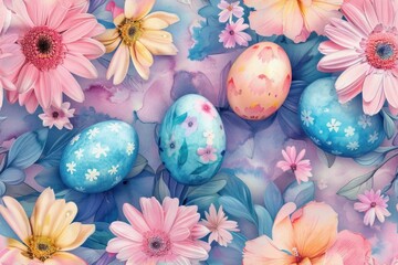 Colorful Easter Eggs and Daisies on a Blue and Pink Floral Background