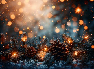 Christmas background with fir branches, pine cones and fairy lights