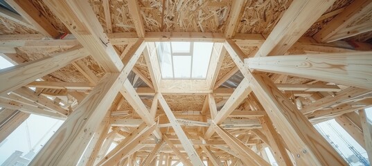 Wooden frame construction with truss, posts, and beams for a new wooden house manufacturing project