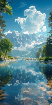 Mountains, lake and trees landscape