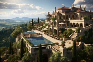 A luxurious mansion with a beautiful view