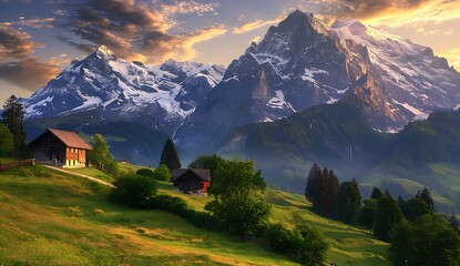 green meadows and snowcapped mountains in the background, an old wooden house nestled among lush...