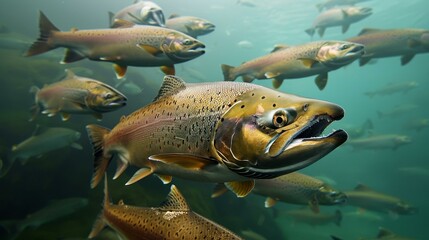 Naklejka premium A group of fish are swimming in the ocean.