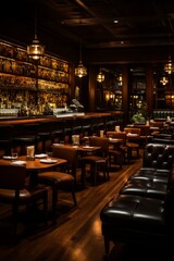 Luxurious bar interior with leather chairs and wooden tables