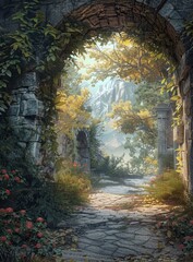 Obraz premium Mystical overgrown ruins archway into enchanted forest