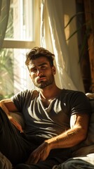 Fototapeta premium Portrait of a handsome young man with dark hair and beard sitting on a couch and looking at the camera