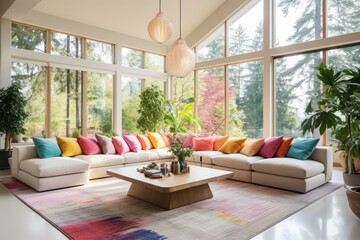 A modern living room with a large windows and a colorful sofa