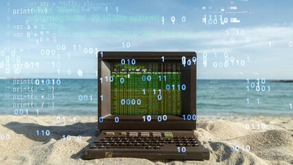 computer on a beach with data and code on screen - 801279288