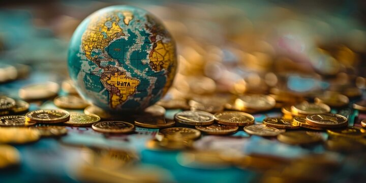 A globe sitting on a pile of money