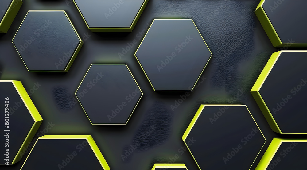 Poster a black and yellow hexagon patterned wall. the hexagons are illuminated with a green light. generati