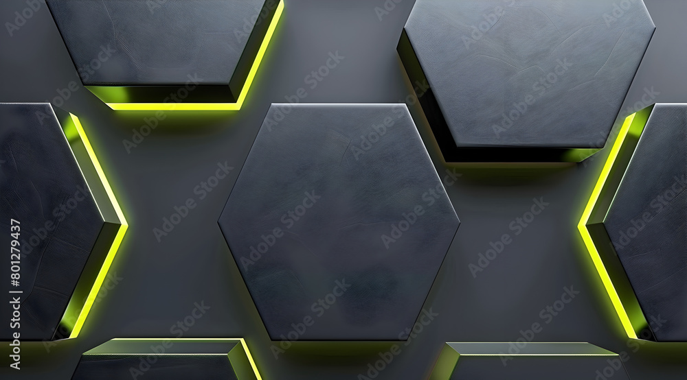 Poster a black and yellow hexagon patterned wall. the hexagons are illuminated with a green light. generati