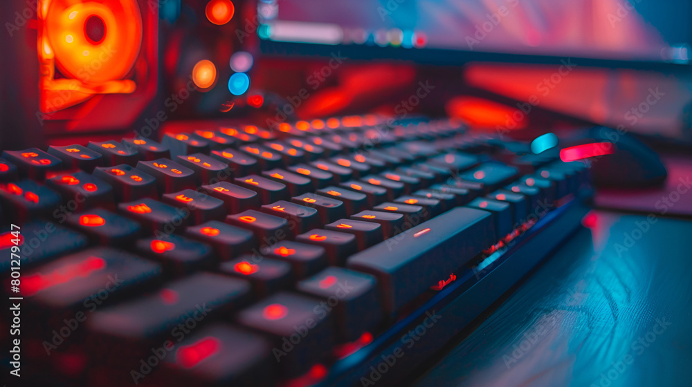 Poster Typing on  Mechanical Computer Keyboard,Close  of computer keyboard with colorful lights. Selective focus,Black keyboard with red backlight, blurry close up, focus on enter key,Typing on a keyboard
