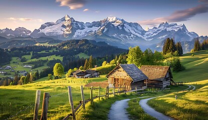 green meadows and snowcapped mountains in the background, an old wooden house nestled among lush trees on one side, a winding path leading to it, all bathed in warm golden sunlight.