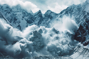 Generative ai on theme of descent of an huge avalanche from the mountain, winter nature landscape