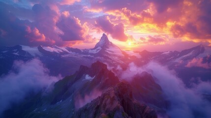 Majestic mountain landscape with vibrant sunset and clouds