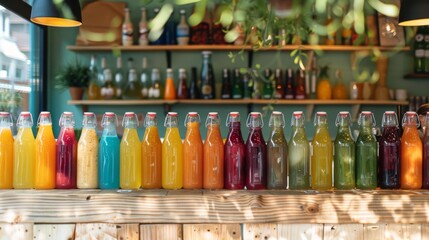 A juice bar offering a variety of freshly pressed fruit juices and smoothies, displayed in vibrant glass bottles and ready for customers to enjoy on the go.