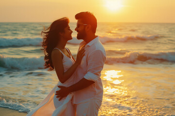indian couple standing on the beach giving romantic pose