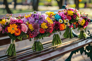 Naklejka na ściany i meble Experience the Radiance of Summer with Colorful Bouquets on a Park Bench! Warm Light Enhancing the Vibrant Colors of Flowers