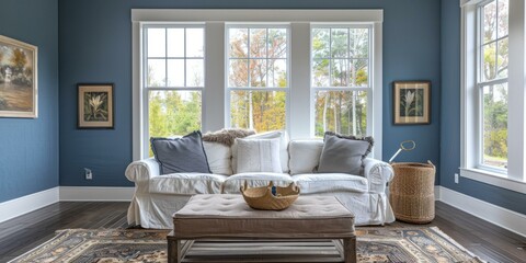 Blue living room with white sofa and ottoman