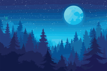 Naklejka premium Night landscape with moon, Forest scene at night blue background, Vector illustration
