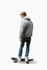 Naklejka premium Blurred blond male skater in gray hoodie, white background
