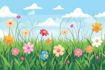 Spring grass and flowers, Beautiful green grass and white flowers, Green summer scene with flowers, Natural green grass with flowers, Vector illustration