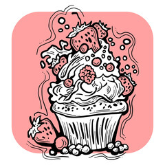 Sweet tasty dessert cupcake with cream and deco for morning breakfast in café or restaurant. Mini birthday cake for pleasure. Hand drawn colorful retro vintage illustration. Old style drawing.