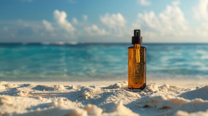 A bottle of perfume rests on the sandy beach as the sun sets over the tranquil water, casting a dreamy light on the fluid horizon and painting the sky with soft clouds AIG50